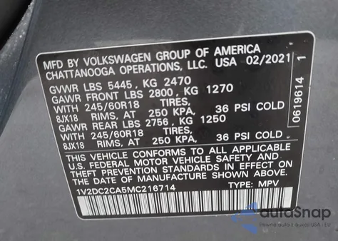 2021 Volkswagen Atlas Cross Sport 2.0T Se из США, поврежденный, VIN 1V2DC2CA5MC216714